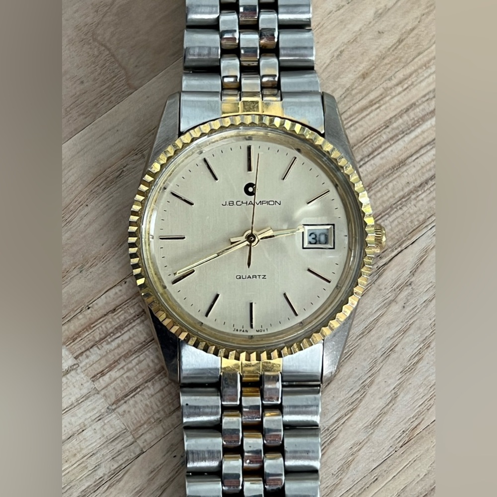 J.B. Champion Men’s Watch Vintage Gold Tone Dial Two Tone Bracelet Date Window